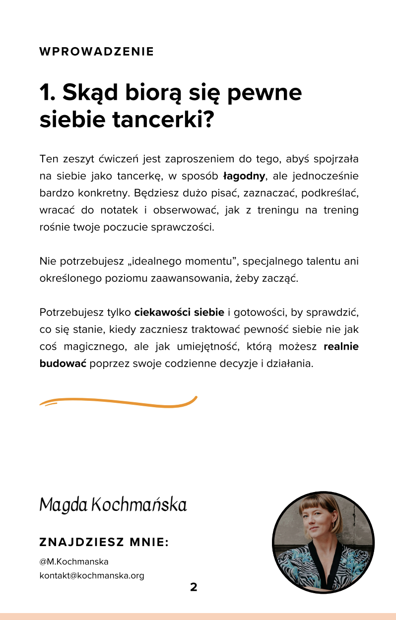 Strona workbooka o tym, skąd bierze się pewność siebie tancerki